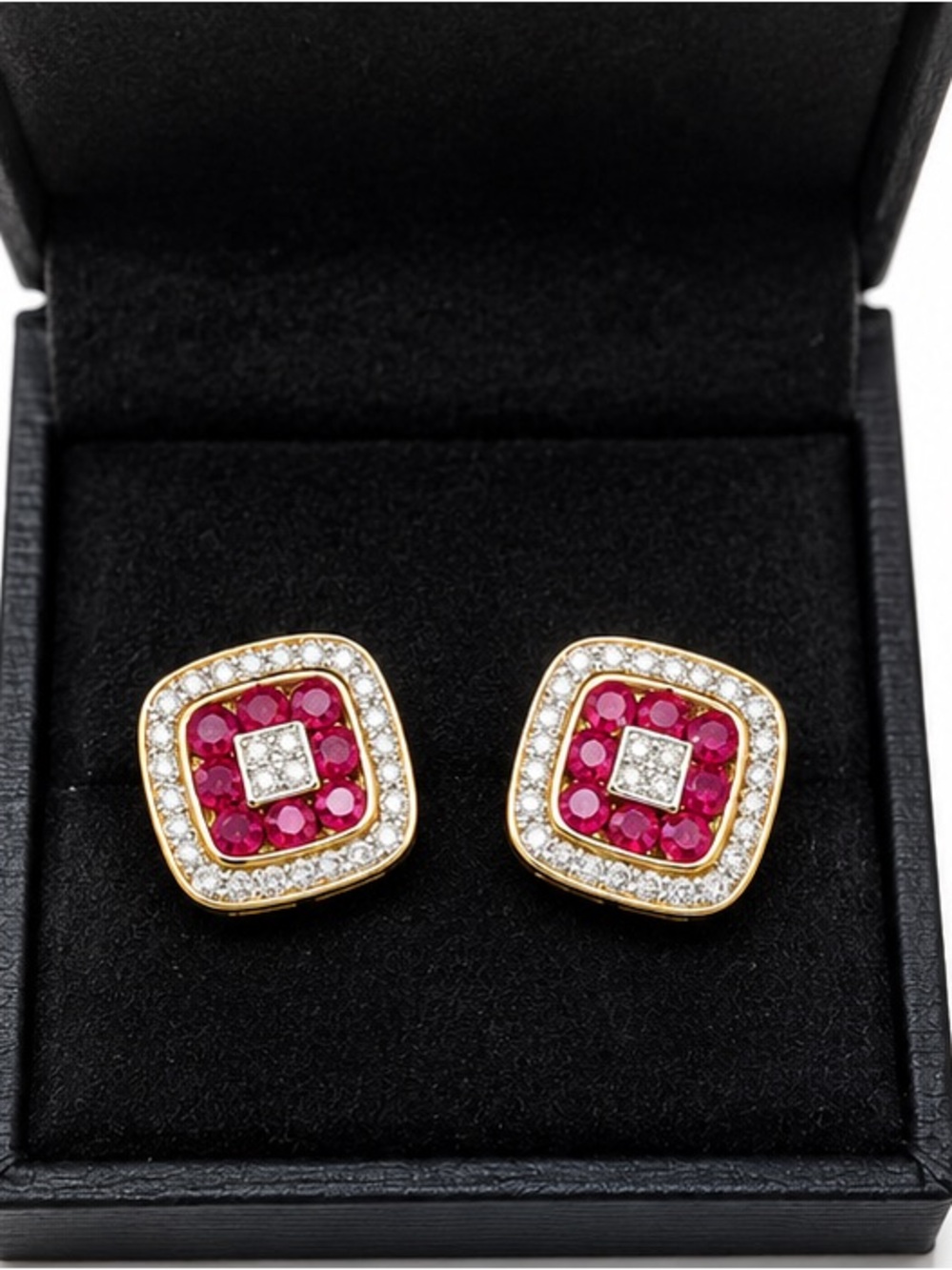14K Yellow gold Ruby & Diamond square cushion halo earrings. Approx. 4.25 grams